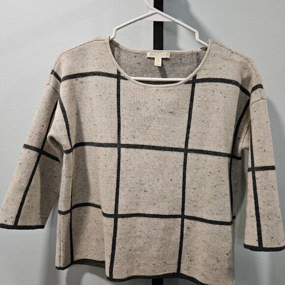 Eileen Fisher Wool Organic Cotton 3/4 Sleeves Peppered Windowpane Sweater PP - Picture 2 of 13